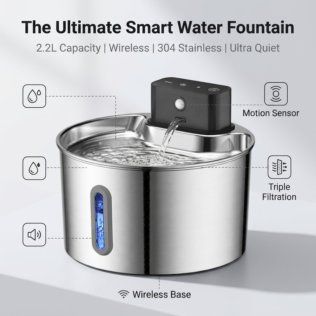 Wireless Pet Water Fountain Battery - Kablosuz Şarjlı Kedi Su Pınarı, Dahili